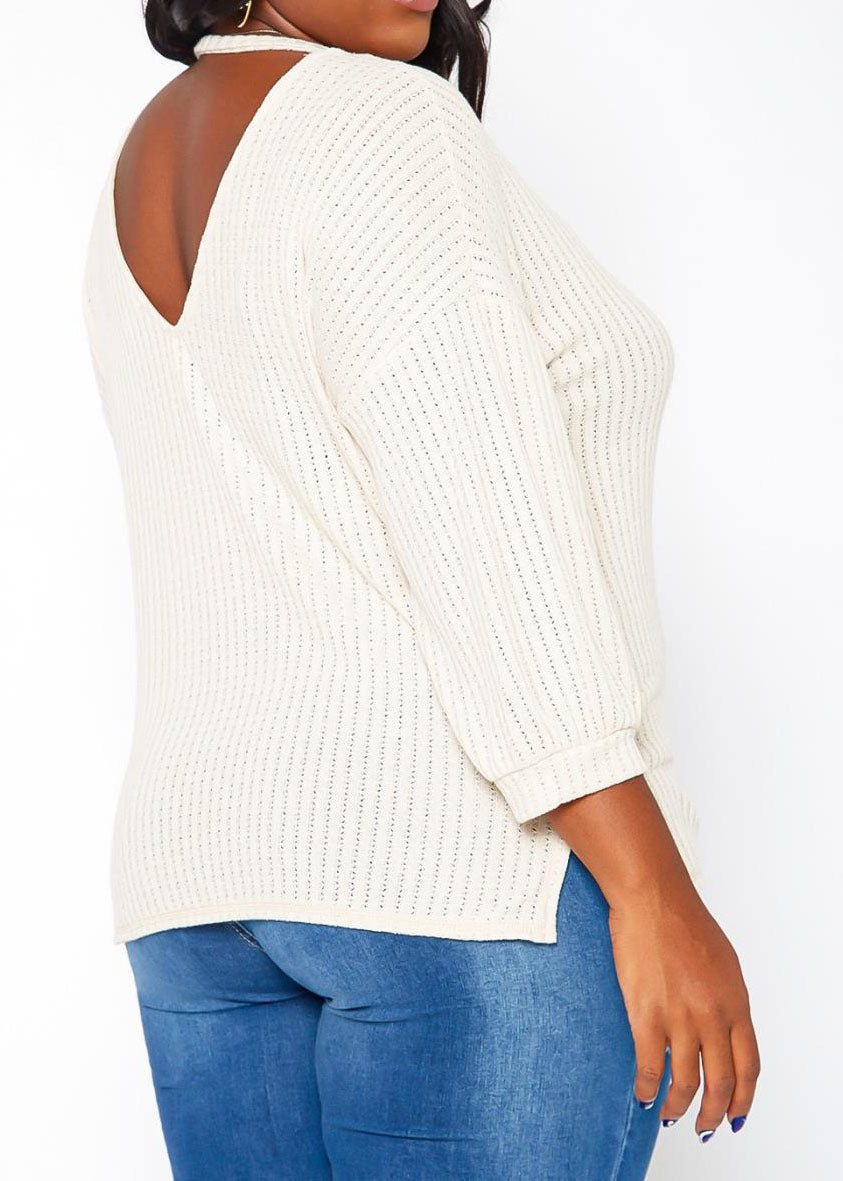 Hi Curvy Plus Size Women Waffle Knit Open Back Sweater