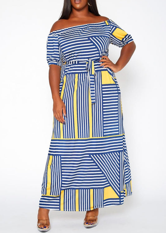 HI Curvy Plus Size Women Striped Print Off Shoulder Maxi Dress Made in USA
