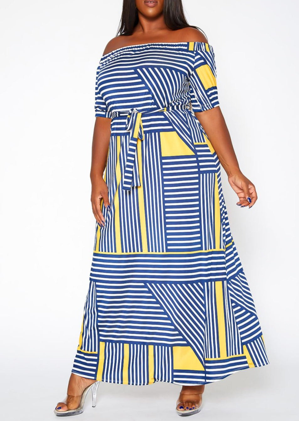 HI Curvy Plus Size Women Striped Print Off Shoulder Maxi Dress Made in USA
