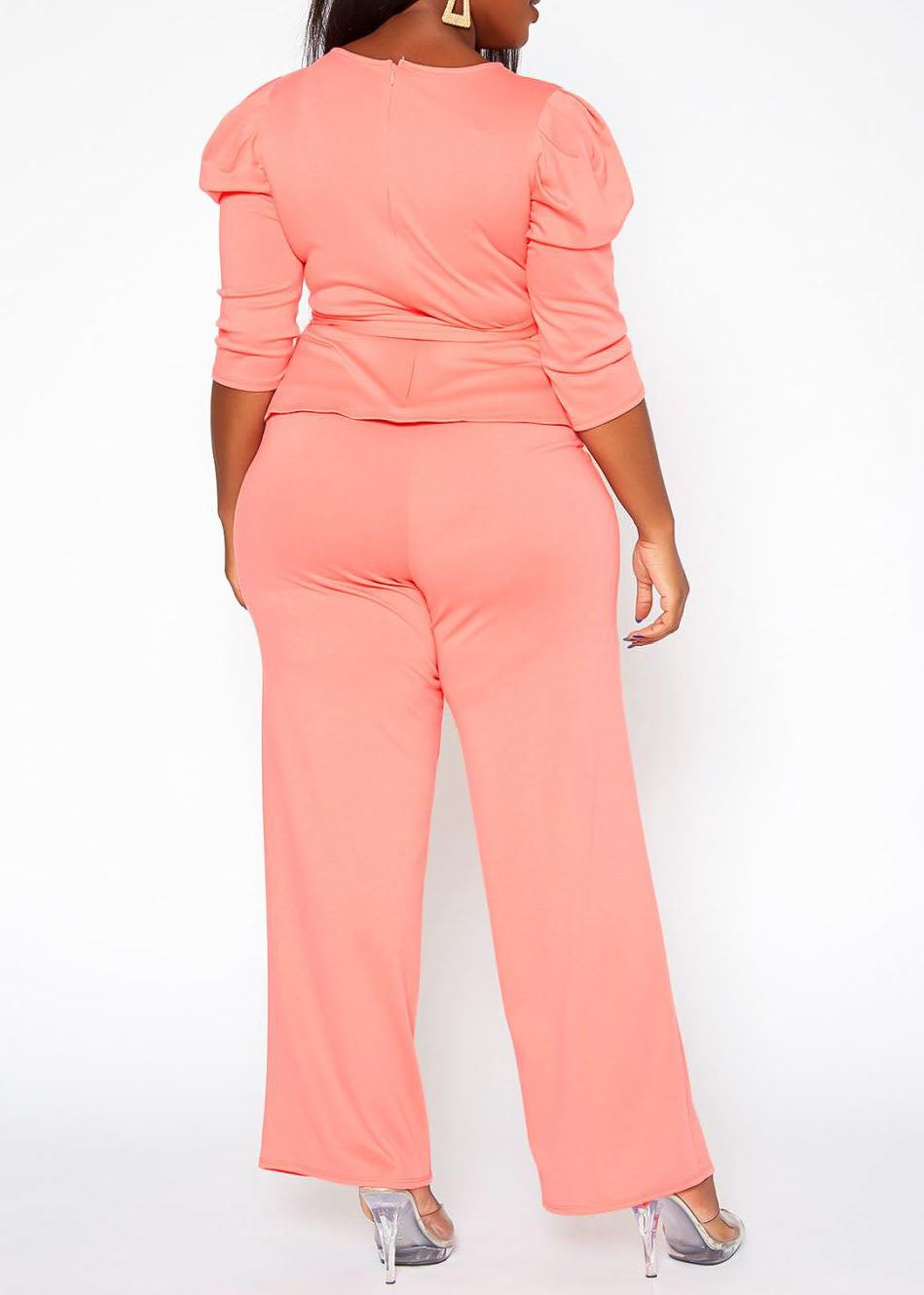 HI Curvy Plus Size Women Solid Peplum Top & Straight Pants Set Made in USA