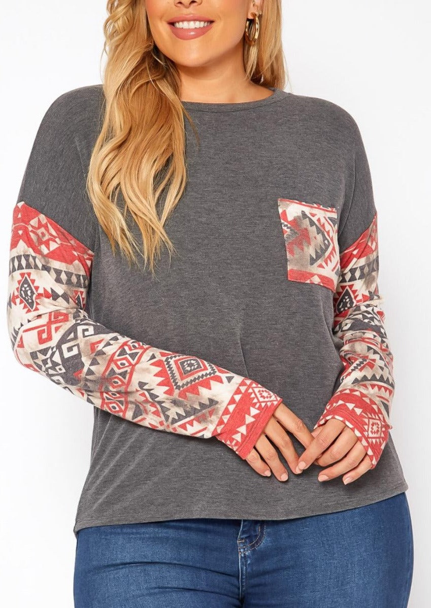 Hi Curvy Plus Size Aztec Print Long Sleeve Top