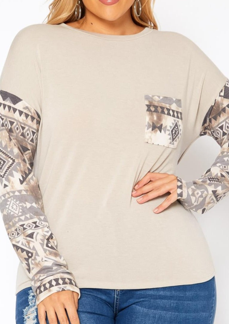 Hi Curvy Plus Size Aztec Print Long Sleeve Top