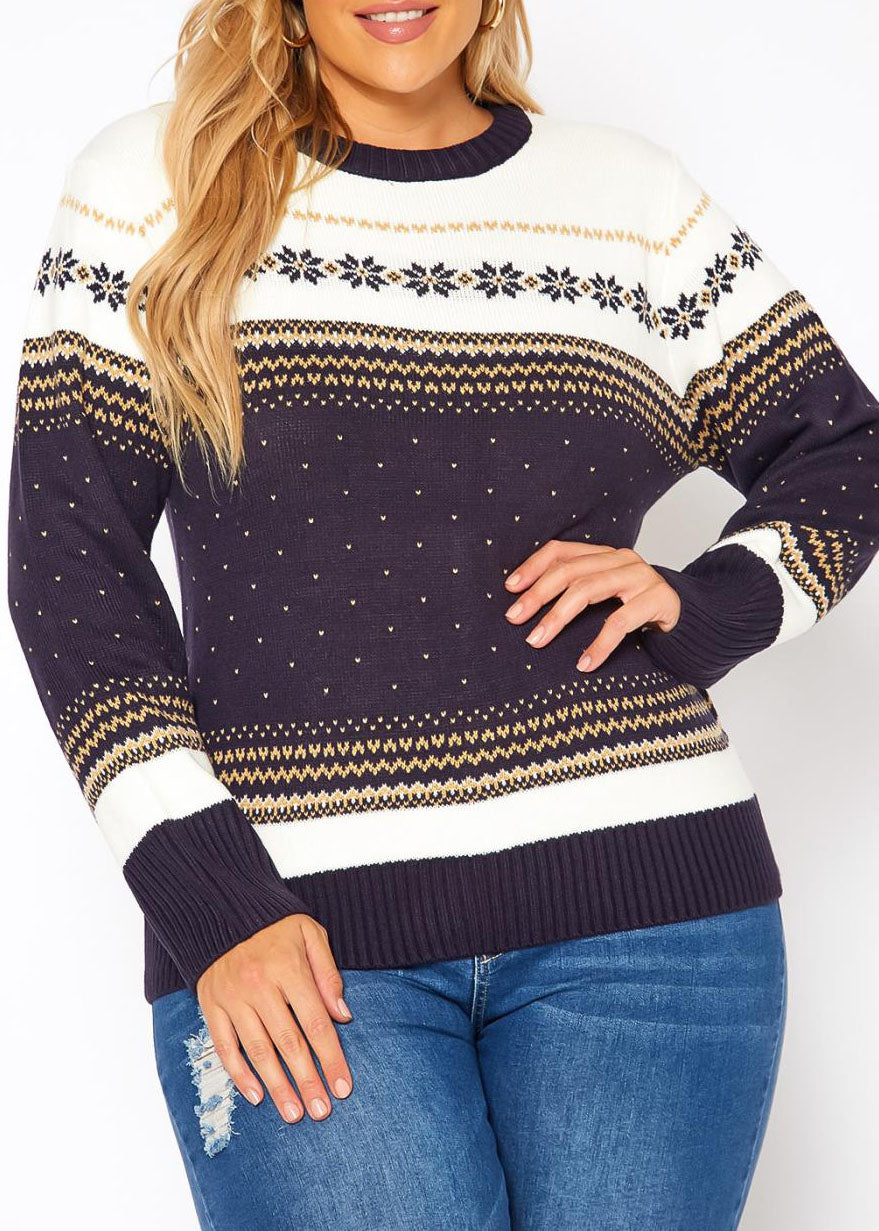 HI Curvy Plus Size Women Snowflakes Knit Long Sleeves Sweater