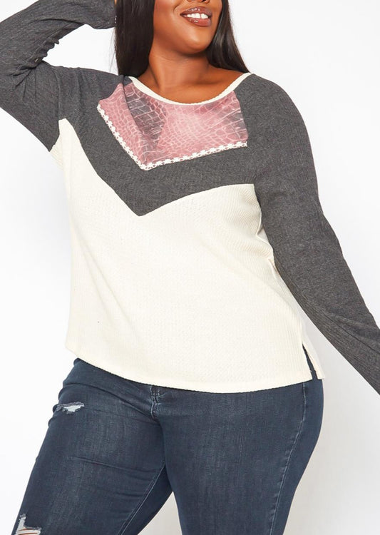 Hi Curvy Plus Size Color Block Knit Long Sleeve Shirt