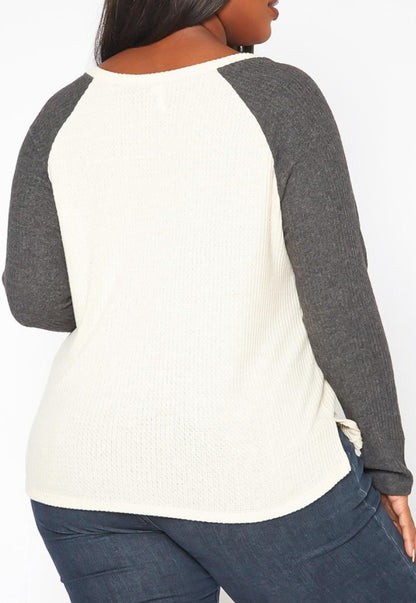 Hi Curvy Plus Size Color Block Knit Long Sleeve Shirt