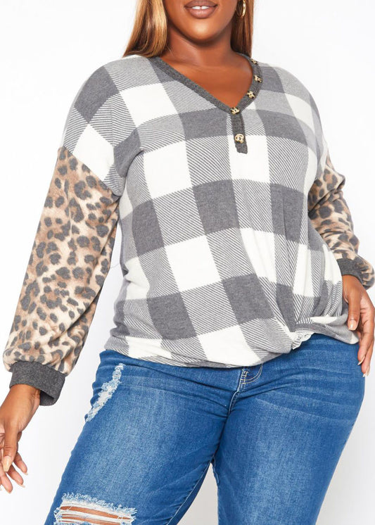 Hi Curvy Plus Size Women Pattern Splice V Neck Shirt Made In USA