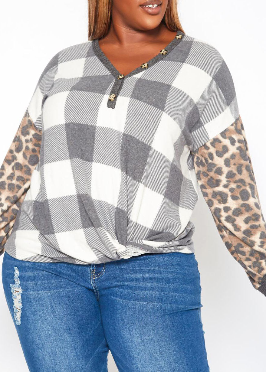 Hi Curvy Plus Size Women Pattern Splice V Neck Shirt Made In USA