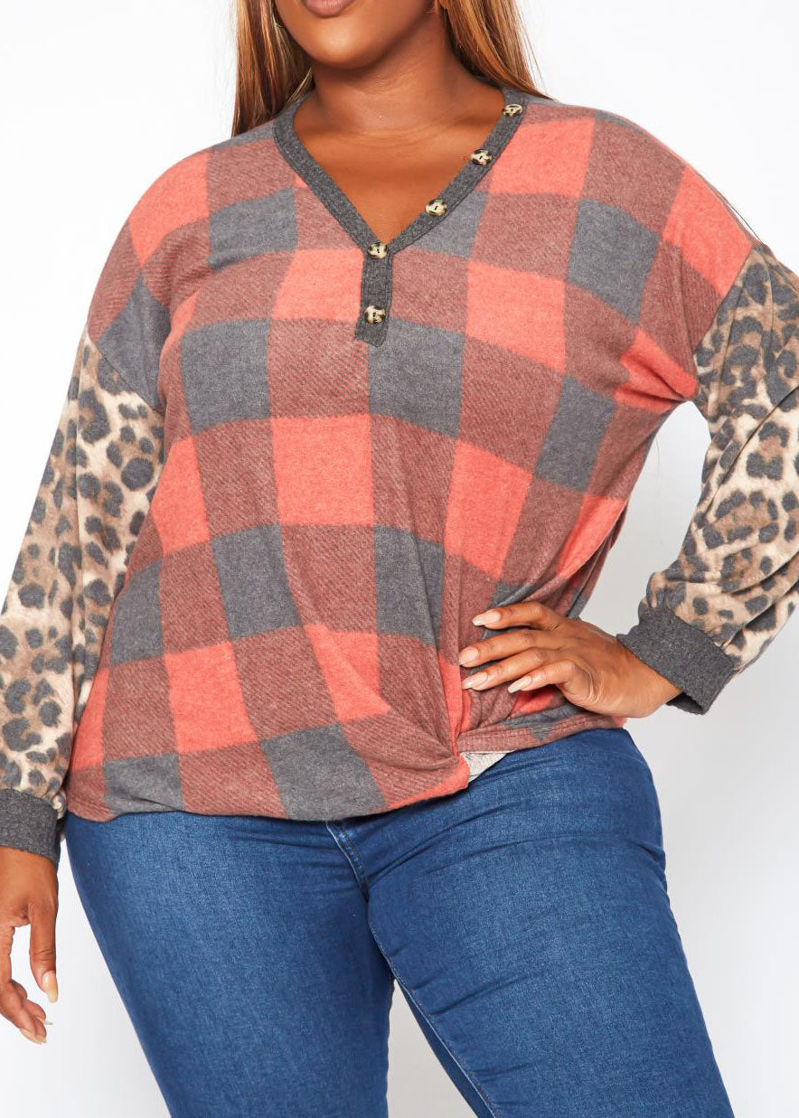 Hi Curvy Plus Size Women Pattern Splice V Neck Shirt Made In USA