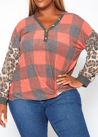 Hi Curvy Plus Size Women Pattern Splice V Neck Shirt Made In USA