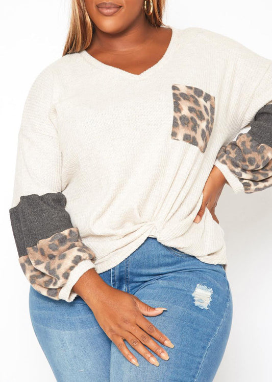 HI Curvy Plus Size Women Waffle Knit Color Block Sweater