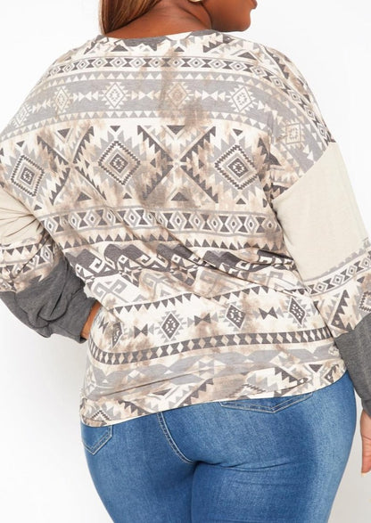 Hi Curvy Plus Size Aztec Print Tie Front Sweater