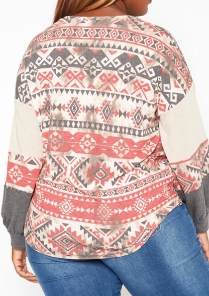Hi Curvy Plus Size Aztec Print Tie Front Sweater