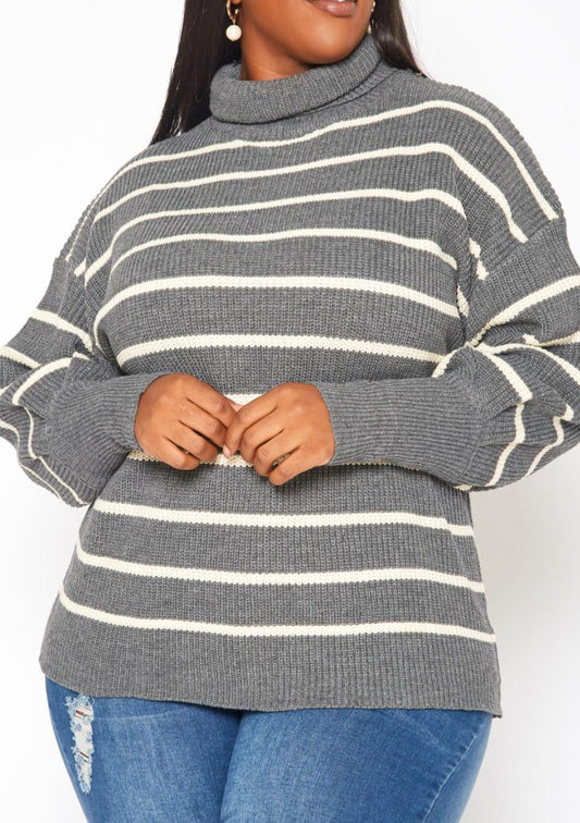 Hi Curvy Plus Size Striped Print Turtleneck Sweater