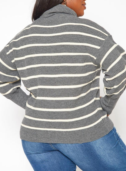 Hi Curvy Plus Size Striped Print Turtleneck Sweater
