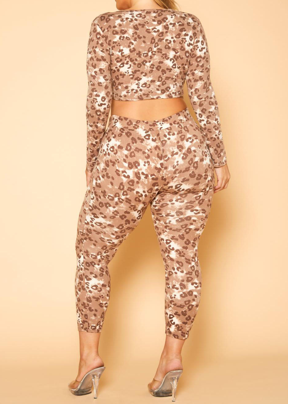 HI Curvy Plus Size Women Leopard Print Tie Front Crop Top & Leggings Sets