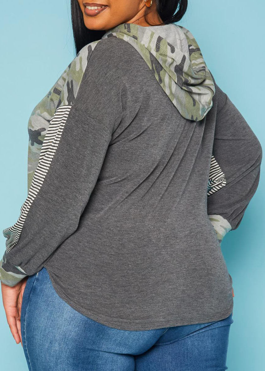 Hi Curvy Plus Size Women Pattern Splice  Long Sleeves With Hoodie Made in USA