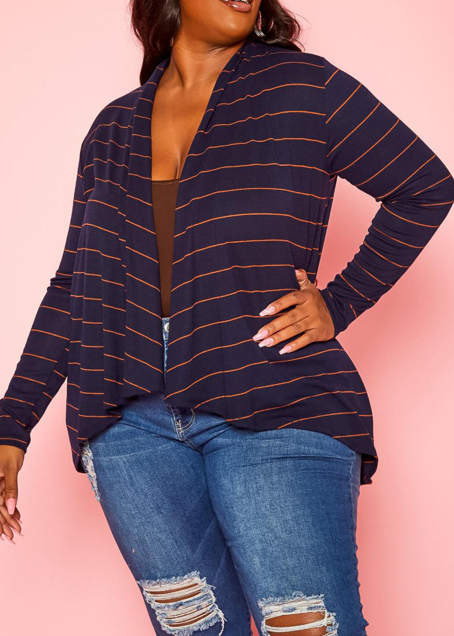 HI Curvy Plus Size Casual Striped Open Front Cardigan