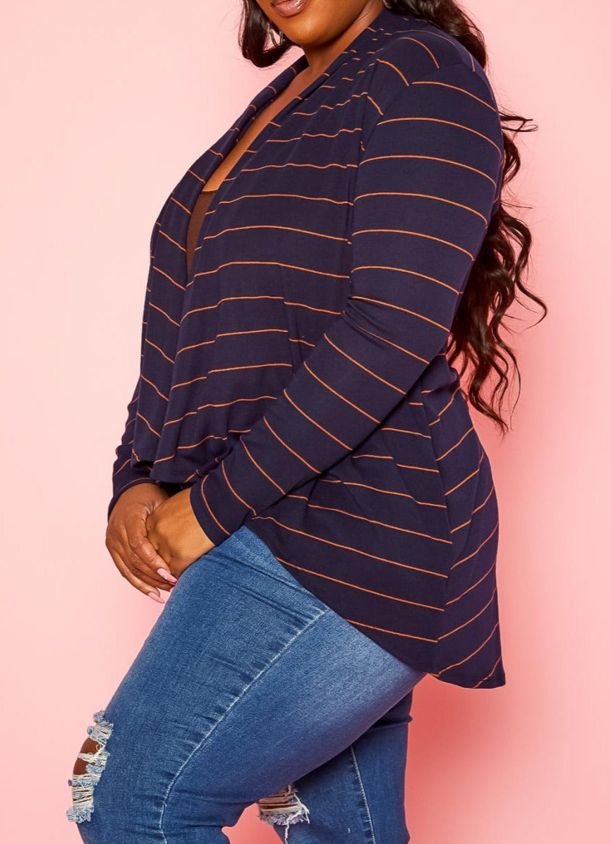 HI Curvy Plus Size Casual Striped Open Front Cardigan