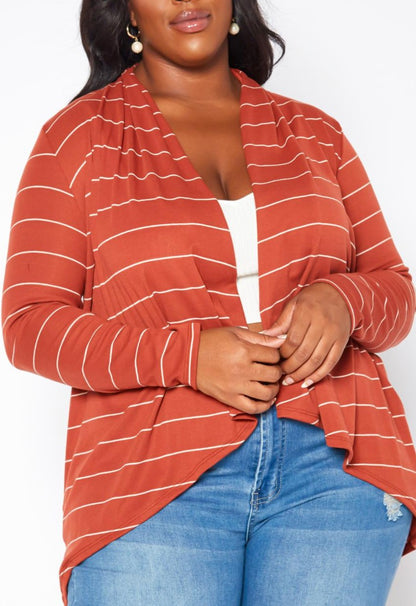 HI Curvy Plus Size Casual Striped Open Front Cardigan