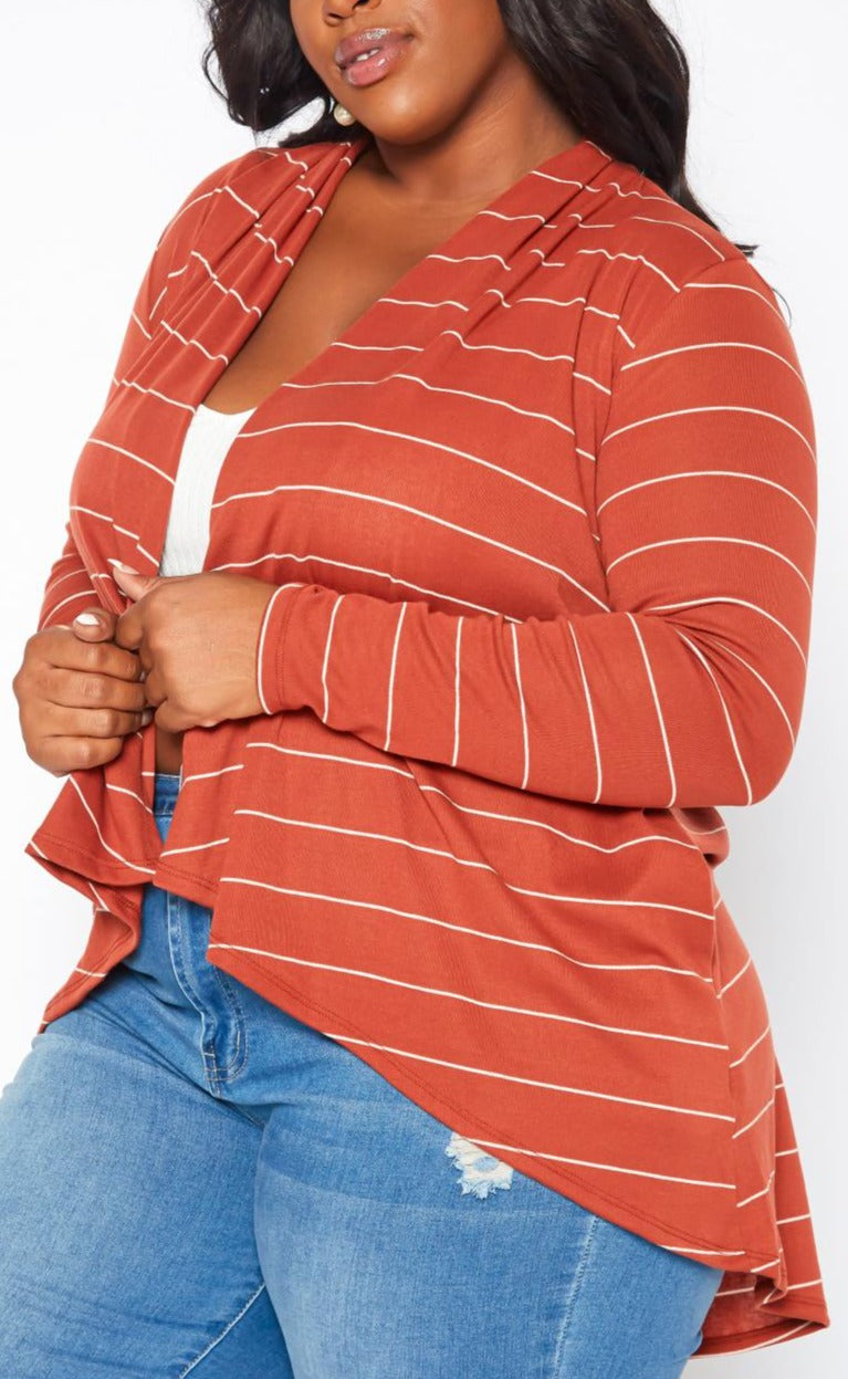 HI Curvy Plus Size Casual Striped Open Front Cardigan