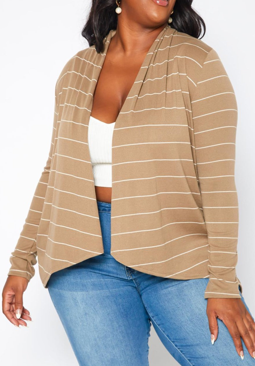 HI Curvy Plus Size Casual Striped Open Front Cardigan