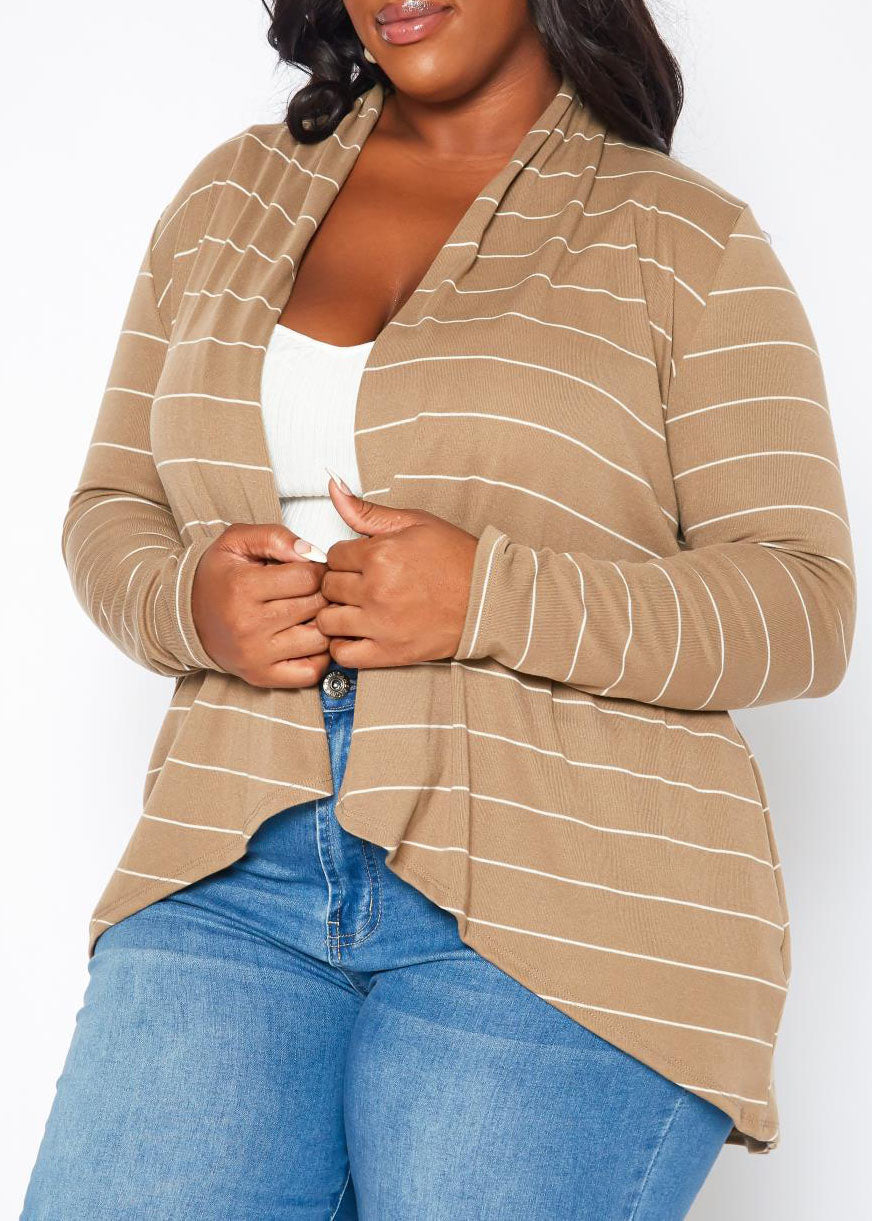 HI Curvy Plus Size Casual Striped Open Front Cardigan