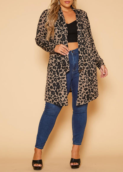 Hi Curvy Plus Size Women Leopard Print Drape Front Cardigan