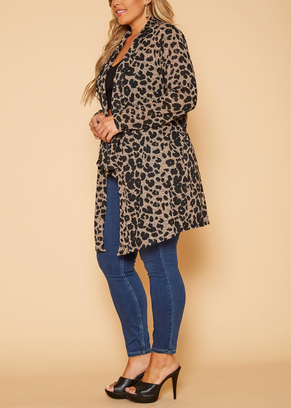 Hi Curvy Plus Size Women Leopard Print Drape Front Cardigan