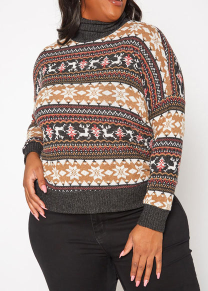 HI Curvy Plus Size Women Reindeer Print Turtle neck Sweater 