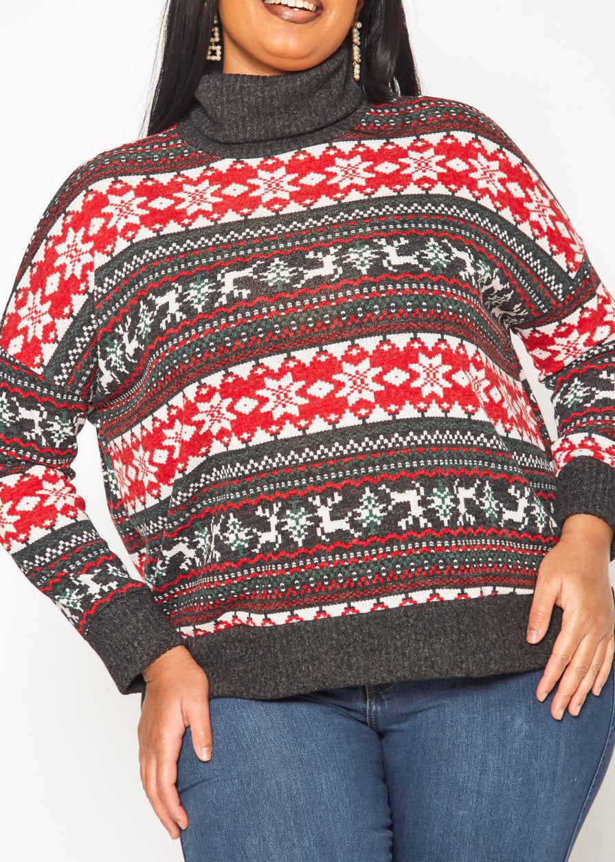 HI Curvy Plus Size Women Reindeer Print Turtle neck Sweater
