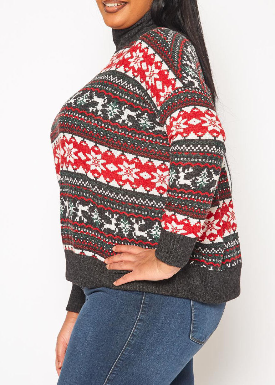 HI Curvy Plus Size Women Reindeer Print Turtle neck Sweater