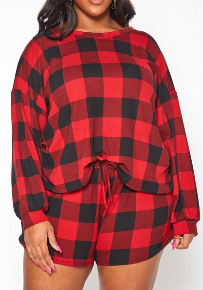 HI Curvy Plus Size Checker Plaid Lounge Two Piece Set