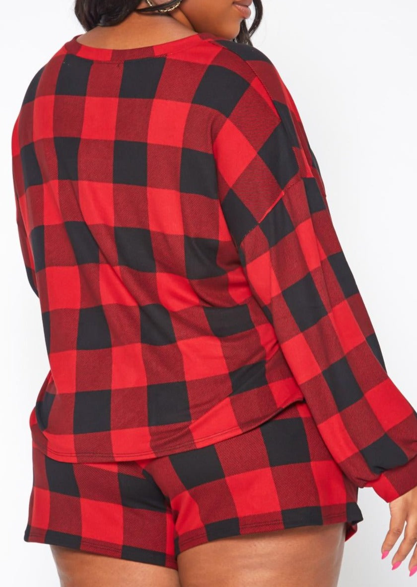 HI Curvy Plus Size Checker Plaid Lounge Two Piece Set