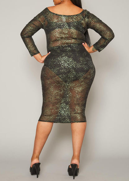 Hi Curvy Plus Size Women Leopard Print Mesh Bodycon Dress