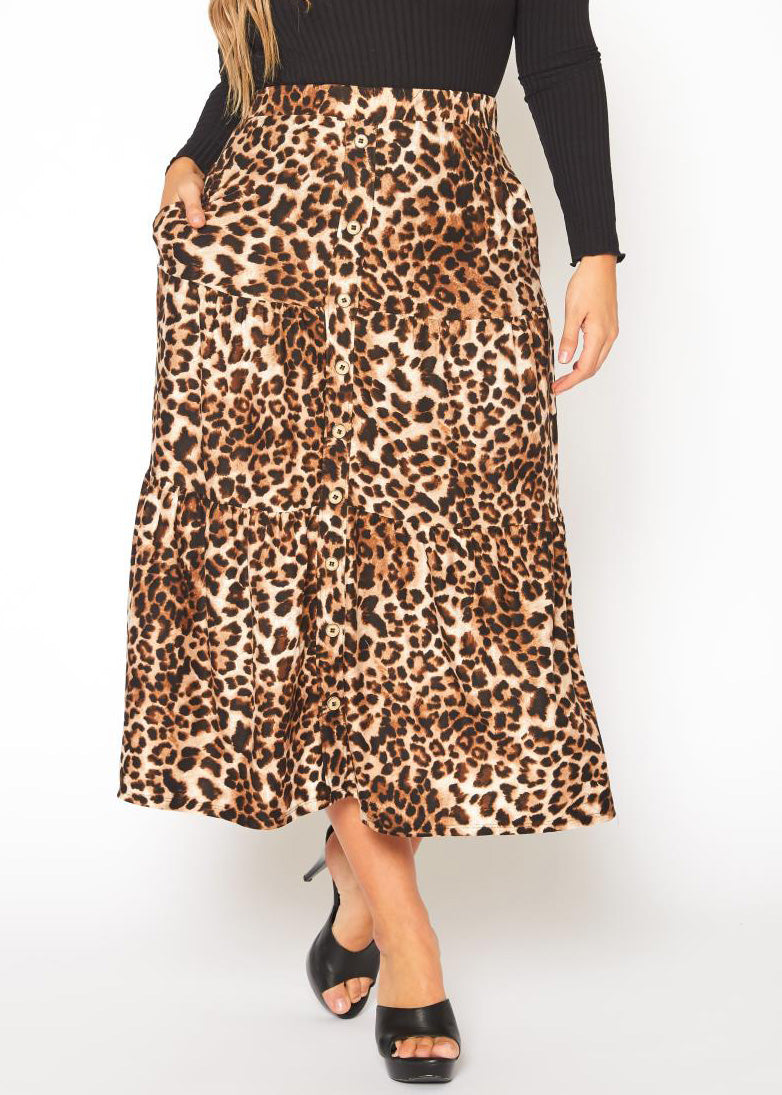 Hi Curvy Plus Size Leopard Print Flare Maxi Skirt with Pockets