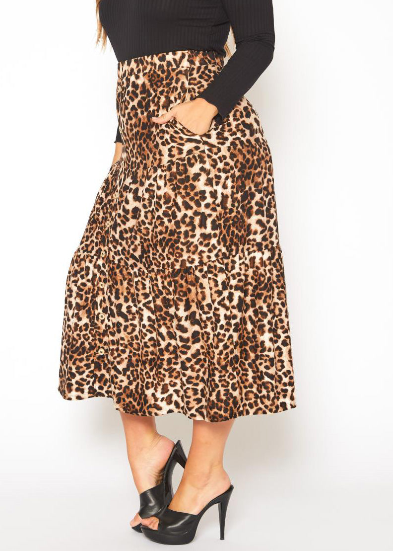 Hi Curvy Plus Size Leopard Print Flare Maxi Skirt with Pockets
