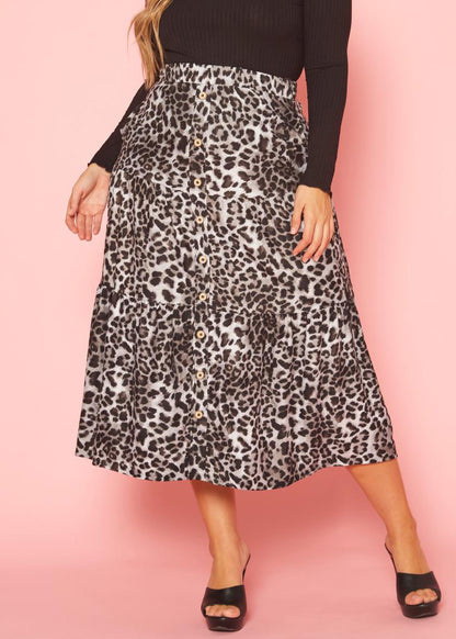 Hi Curvy Plus Size Leopard Print Flare Maxi Skirt with Pockets