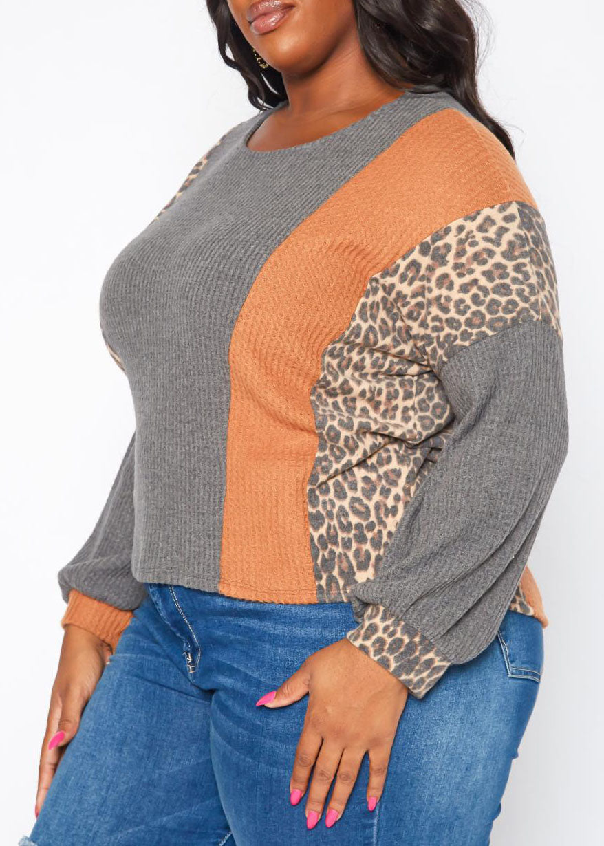 Hi Curvy Plus Size Women Leopard Color Block Knit Sweater