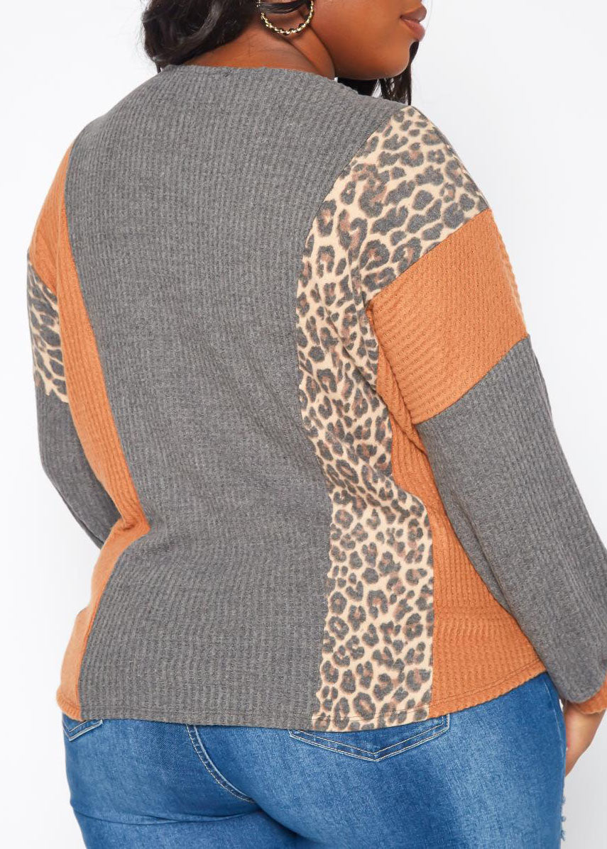 Hi Curvy Plus Size Women Leopard Color Block Knit Sweater