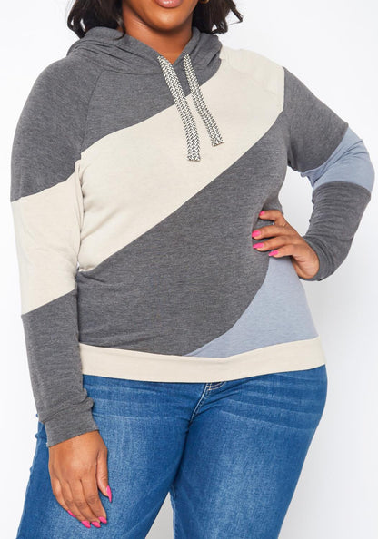 Hi Curvy Plus Size Color Block Hooded Sweater