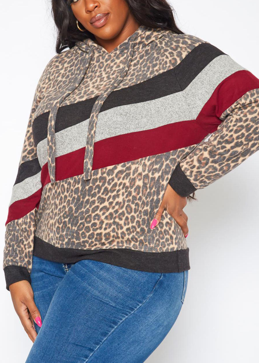 Hi Curvy Plus Size Women Leopard Print Color Block Hooded Sweater