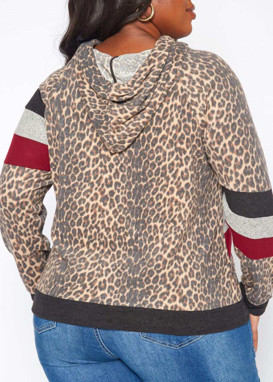 Hi Curvy Plus Size Women Leopard Print Color Block Hooded Sweater