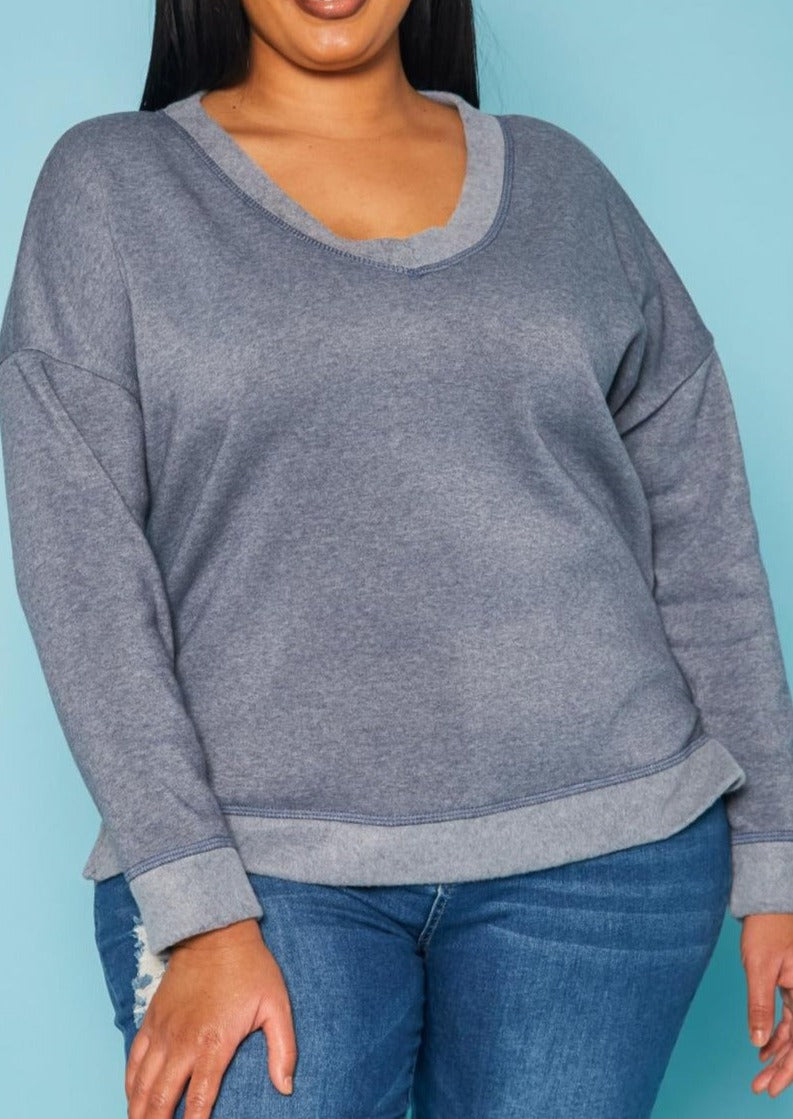 HI Curvy Plus Size Casual V Neck Long Sleeve Top