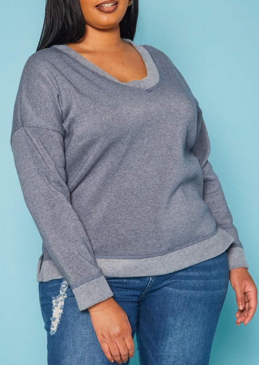 HI Curvy Plus Size Casual V Neck Long Sleeve Top