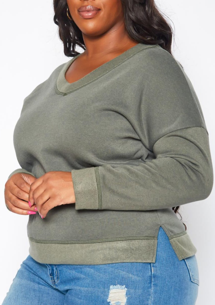 HI Curvy Plus Size Casual V Neck Long Sleeve Top