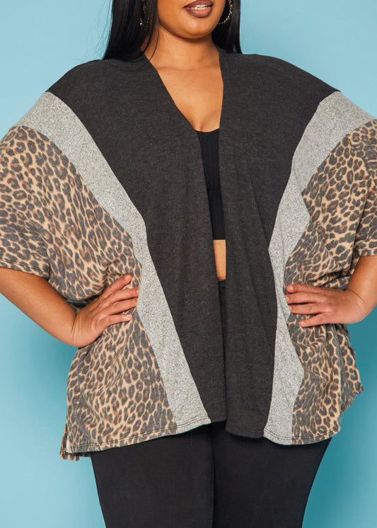 HI Curvy Plus Size Women Leopard Print Color Block Cardigan