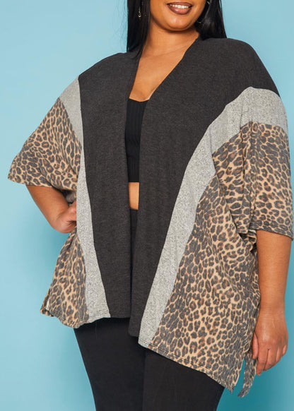 HI Curvy Plus Size Women Leopard Print Color Block Cardigan