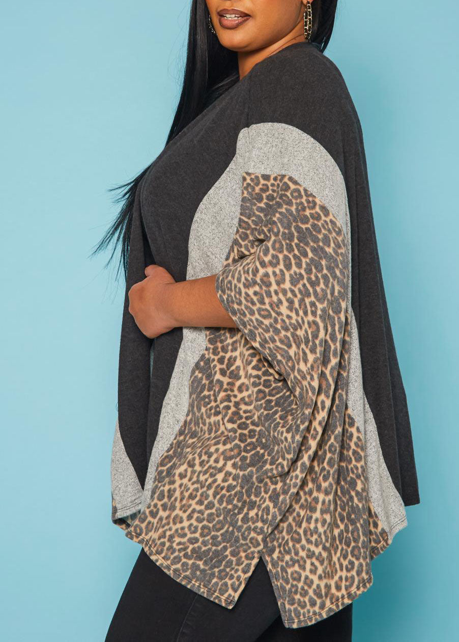 HI Curvy Plus Size Women Leopard Print Color Block Cardigan