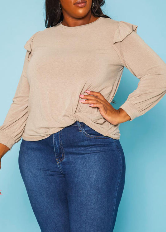 Hi Curvy Plus Size Women Ruffle Trim Long Sleeve Shirt Top Made in USA