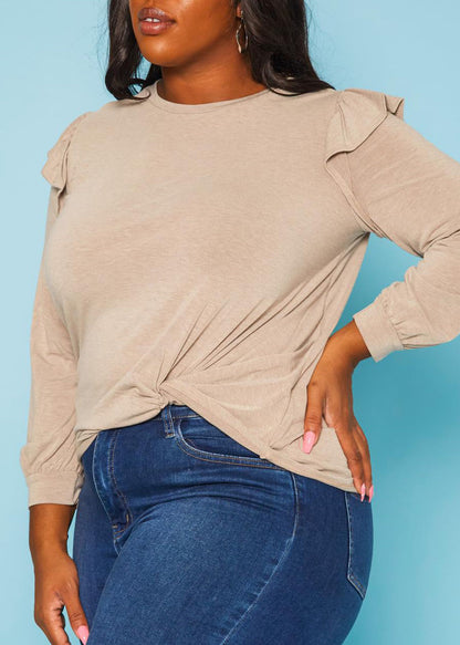 Hi Curvy Plus Size Women Ruffle Trim Long Sleeve Shirt Top Made in USA